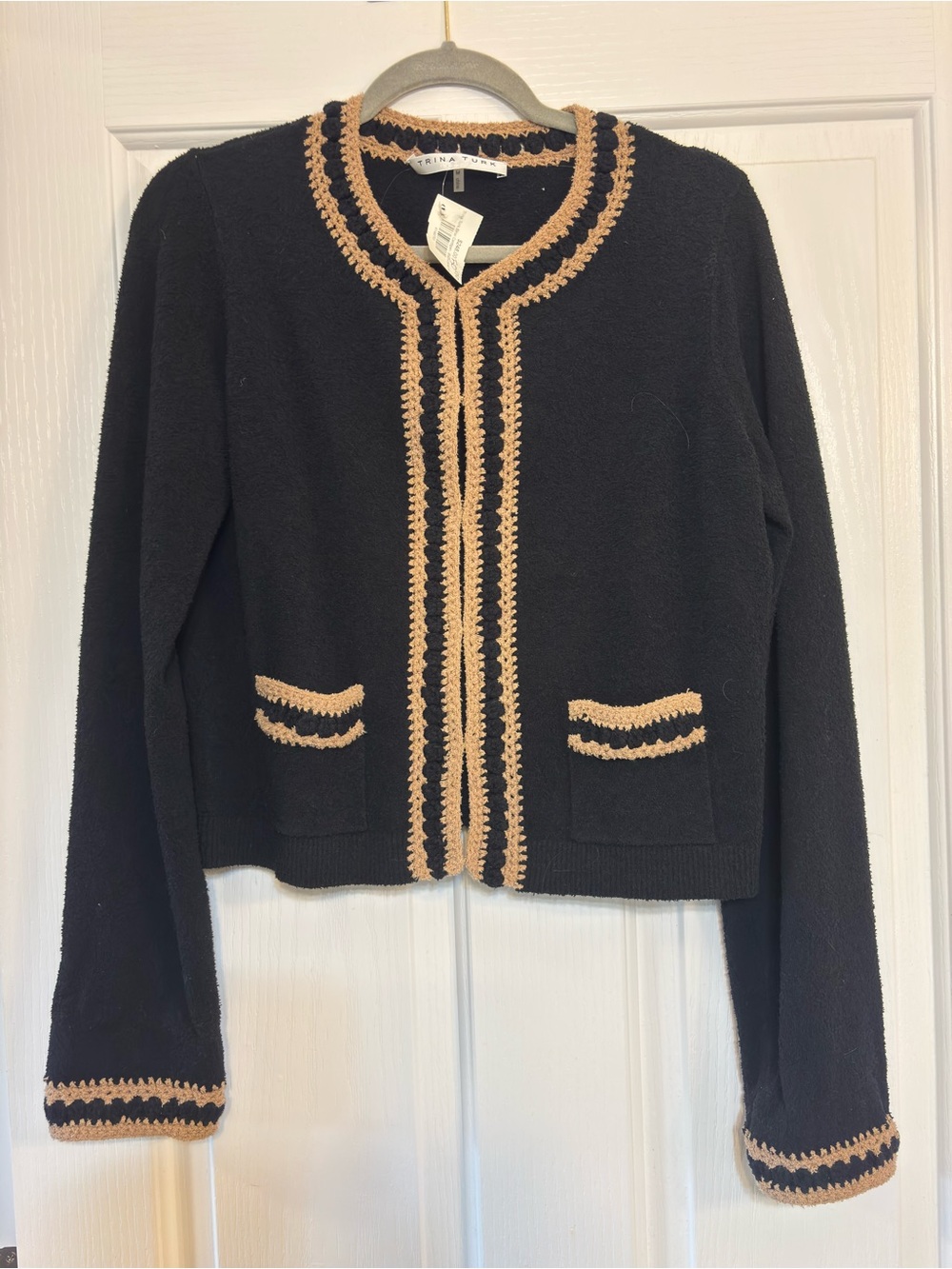 NWT Trina Turk Black Cardigan with Tan Trim